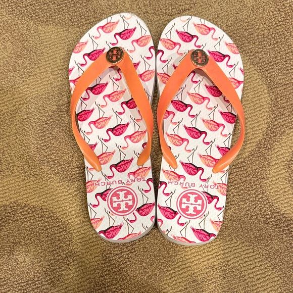 Tory Burch Orange Flamingo Print Sandals - Picture 1 of 3